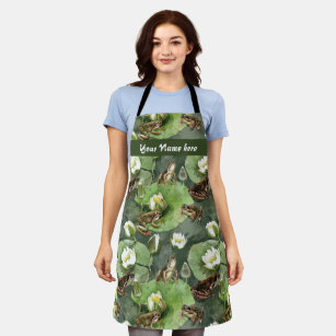 Frogs green and white water lilies pattern  apron