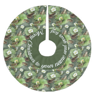 Frogs green and white water lilies pattern brushed polyester tree skirt