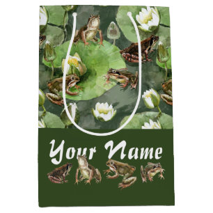 Frogs green and white water lilies pattern medium gift bag