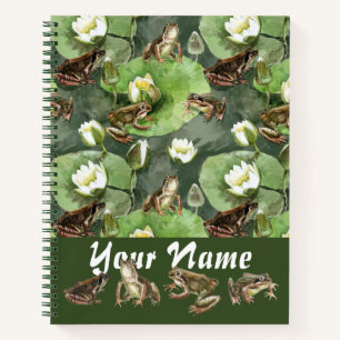 Frogs green and white water lilies pattern notebook