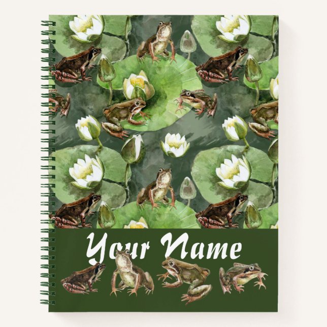 Frogs green and white water lilies pattern  notebook (Front)