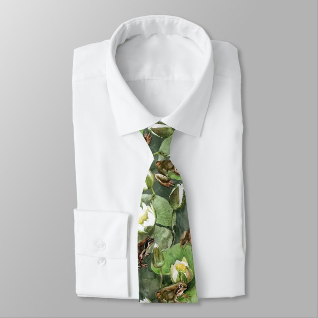 Frogs green and white waterlilies seamlesstexture tie (Tied)