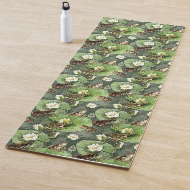 Frogs green and white waterlilies yoga mat (In Situ)