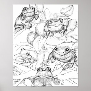 Frogs in Tree Leaves Black White Ink Art Poster