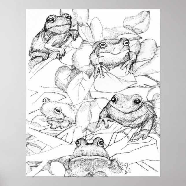 Frogs in Tree Leaves Black White Ink Art Poster (Front)