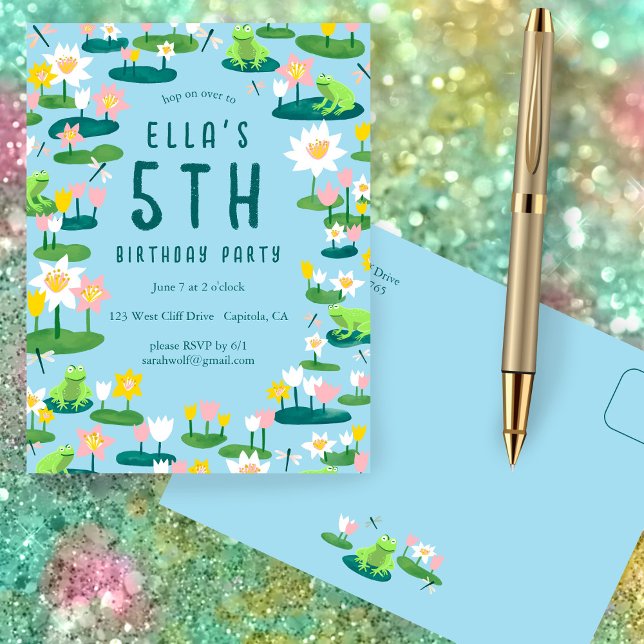 Frogs & Lily Pad CUSTOM BIRTHDAY PARTY Invitation Postcard (Frogs and Lily Pads Cute CUSTOM BIRTHDAY PARTY Invitation Postcard
)