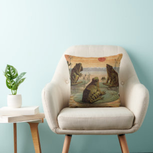Frogs Lily Pads Moon Illustration Cushion