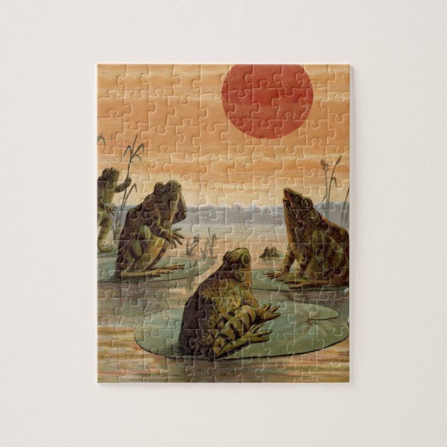 Frogs Lily Pads Moon Illustration Jigsaw Puzzle (Vertical)