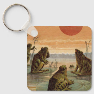 Frogs Lily Pads Moon Illustration Key Ring