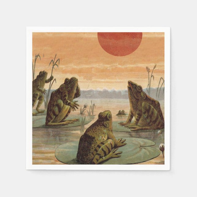 Frogs Lily Pads Moon Illustration Napkin (Front)