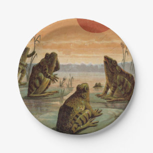 Frogs Lily Pads Moon Illustration Paper Plate