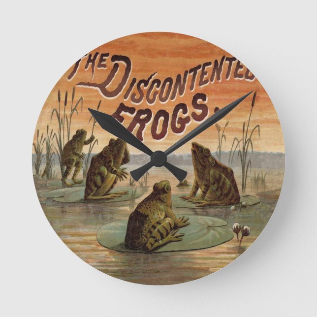 Frogs Lily Pads Moon Illustration Round Clock (Front)