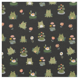 Frogs & Lily Pads on Black Fabric