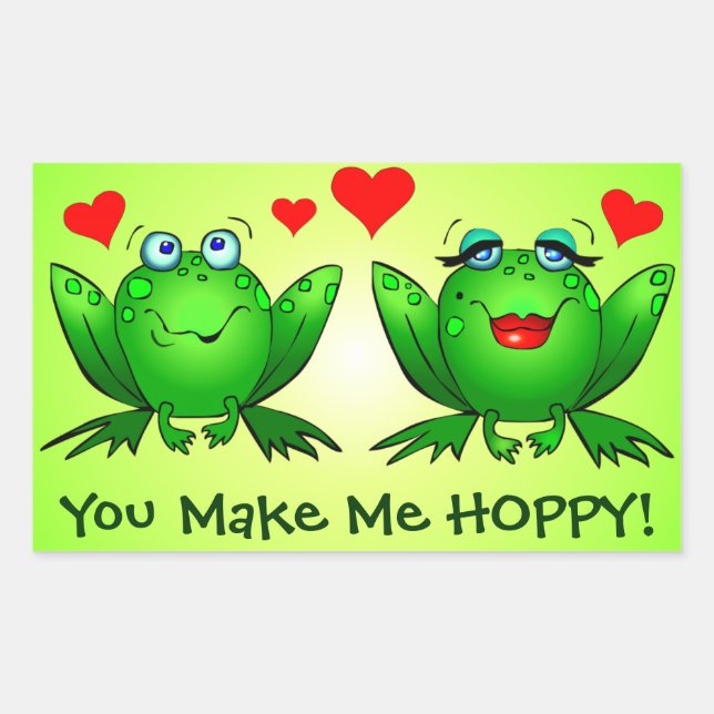 Frogs Love Hearts You Make Me Hoppy Green Rectangular Sticker (Front)
