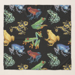 Frogs on black scarf<br><div class="desc">Hand-painted variety of tree and dart frogs</div>