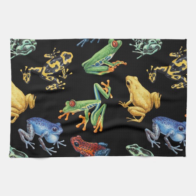 Frogs on black tea towel (Horizontal)