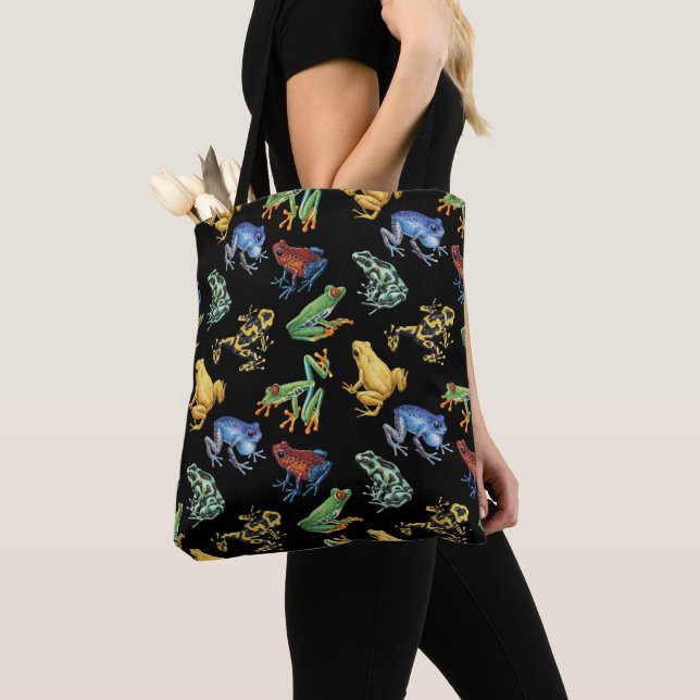 Frogs on black tote bag (Close Up)