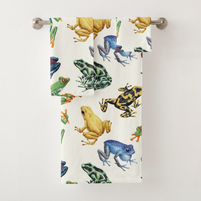 Frogs on natural white bath towel set (Insitu)