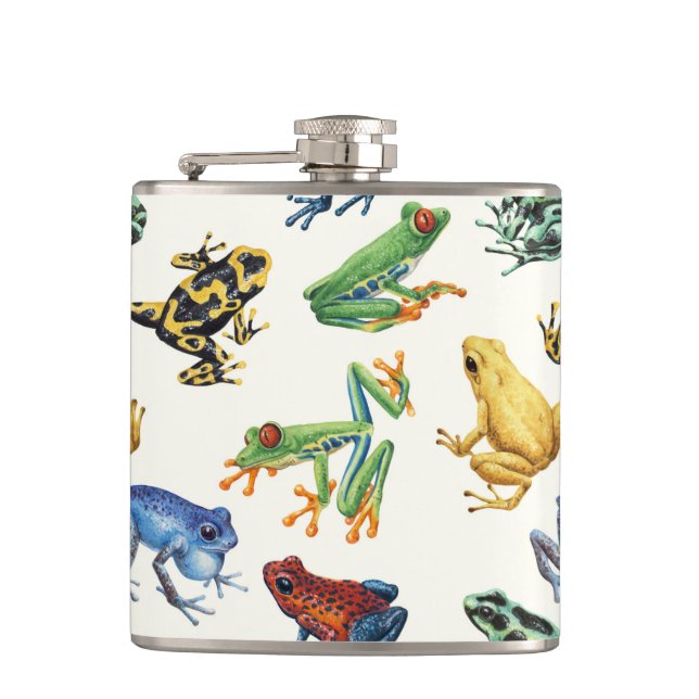 Frogs on natural white hip flask (Front)