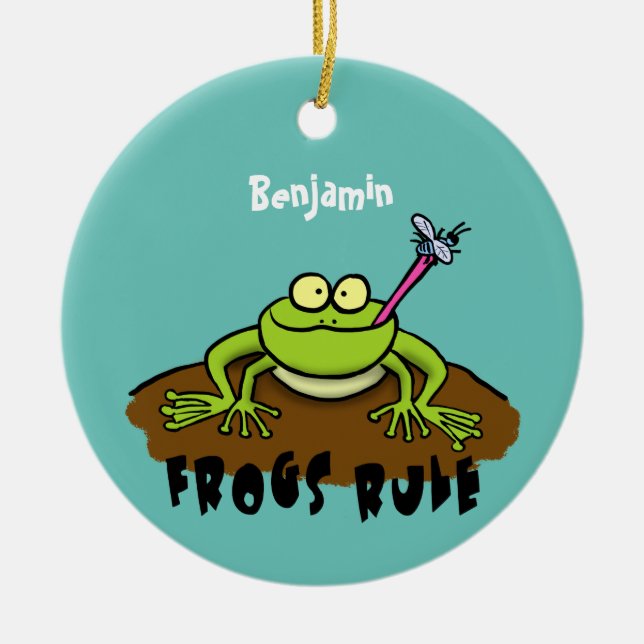 Frogs rule funny green frog cartoon ceramic ornament (Front)