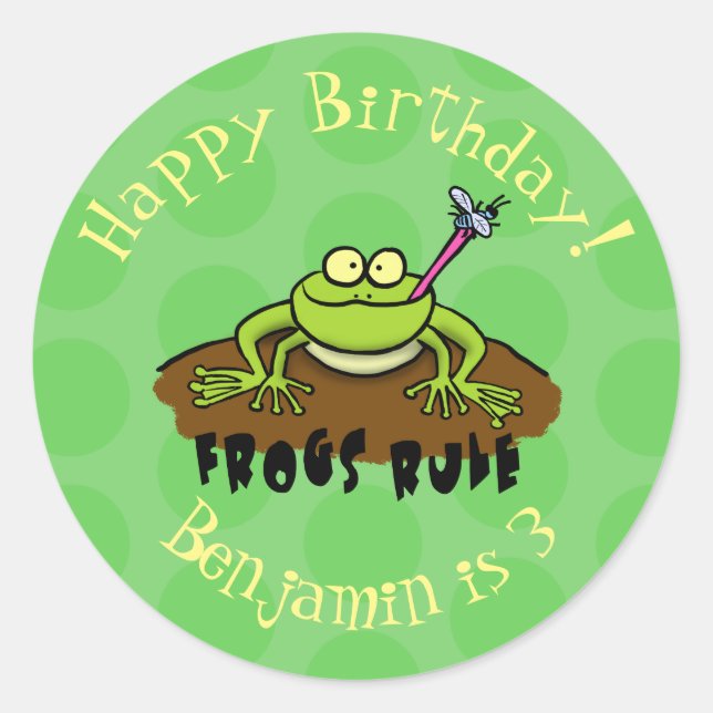 Frogs rule funny green frog cartoon classic round sticker (Front)