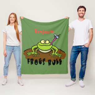 Frogs rule funny green frog cartoon fleece blanket
