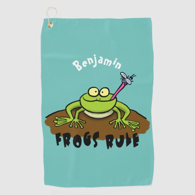 Frogs rule funny green frog cartoon  golf towel (Front)
