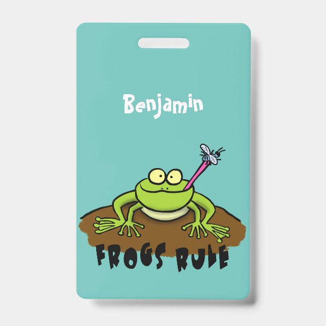 Frogs rule funny green frog cartoon ID badge (Front)