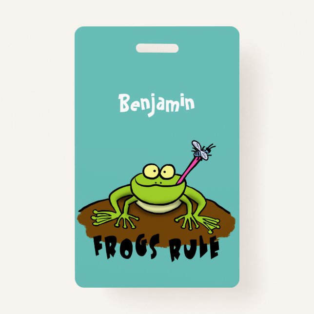 Frogs rule funny green frog cartoon ID badge (Front)