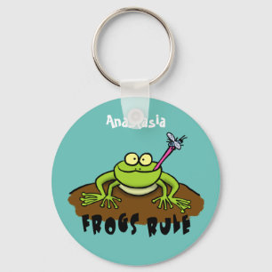 Frogs rule funny green frog cartoon key ring