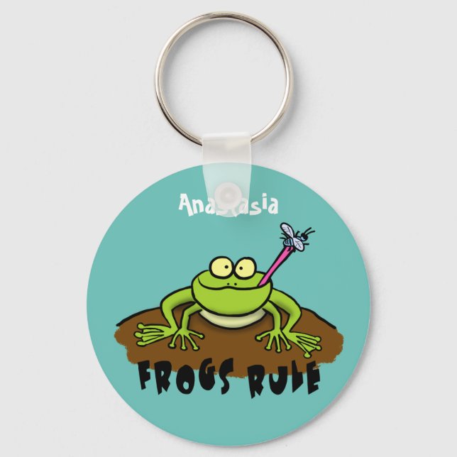 Frogs rule funny green frog cartoon key ring (Front)