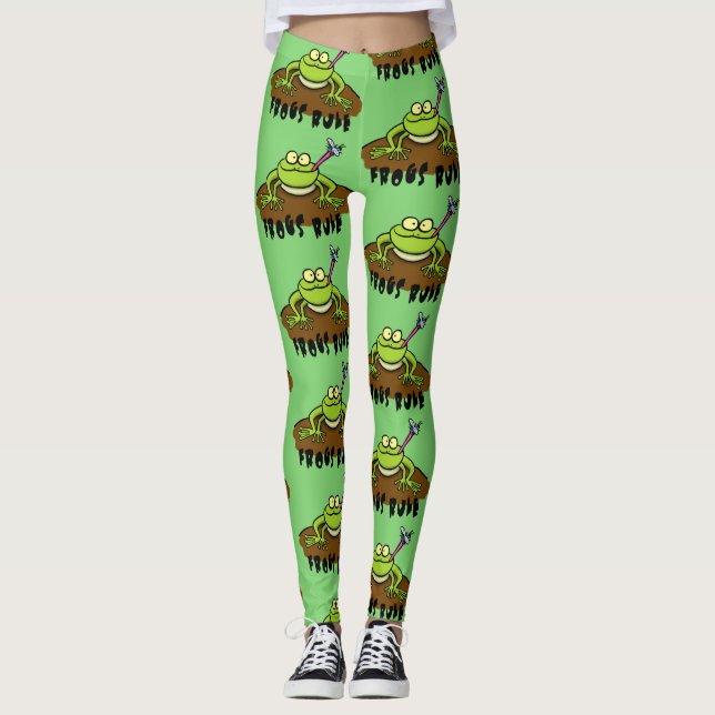 Frogs rule funny green frog cartoon leggings (Front)