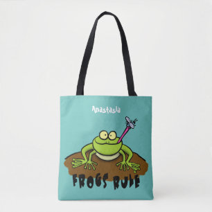 Frogs rule funny green frog cartoon tote bag