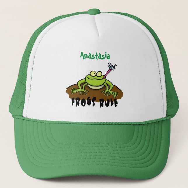 Frogs rule funny green frog cartoon trucker hat (Front)