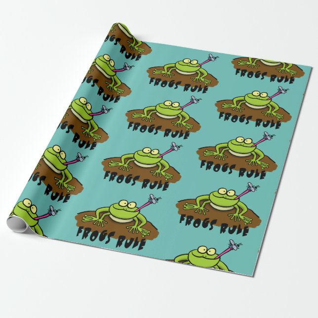 Frogs rule funny green frog cartoon wrapping paper (Unrolled)