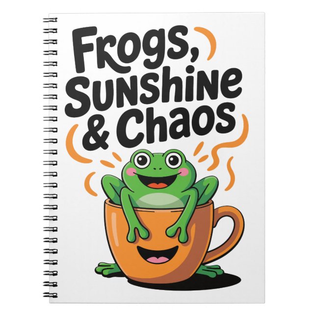 Frogs, Sunshine & Chaos – Cute Frog in Coffee Cup Notebook (Front)