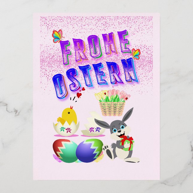 Frohe Ostern Foil Holiday Postcard (Front)