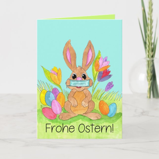 Frohe Ostern German Easter Face masked Bunny Holiday Card (Front)