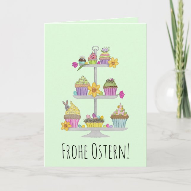 Frohe Ostern German Easter watercolor Cupcakes Holiday Card (Front)