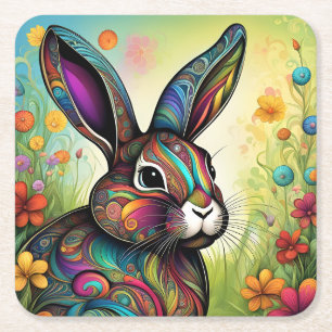 Frohe Ostern - Osterhase in Blumen Square Paper Coaster