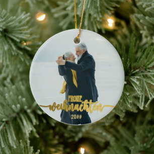 Frohe Weihnachten German Christmas 2 Photo Collage Ceramic Ornament