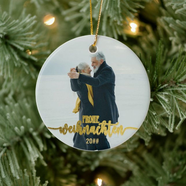 Frohe Weihnachten German Christmas 2 Photo Collage Ceramic Ornament (Tree)