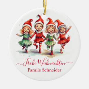 Frohe Weihnachten German Christmas elves  Ceramic Ornament