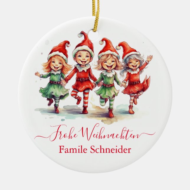 Frohe Weihnachten German Christmas elves  Ceramic Ornament (Front)