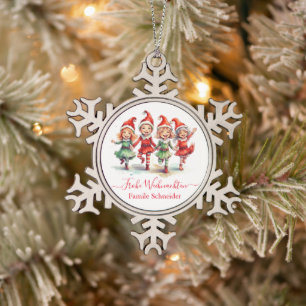 Frohe Weihnachten German Christmas elves  Snowflake Pewter Christmas Ornament
