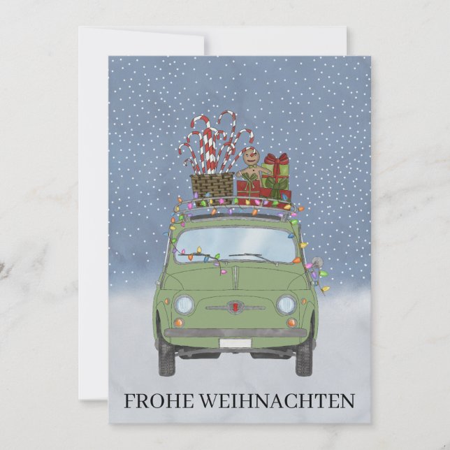 Frohe Weihnachten German Christmas Green Fiat 500  Holiday Card (Front)