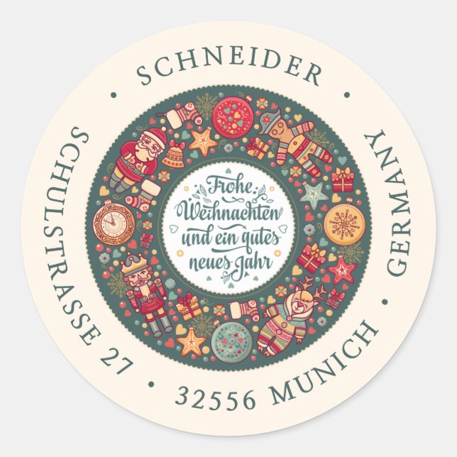 Frohe Weihnachten German Green Return Address Classic Round Sticker (Front)