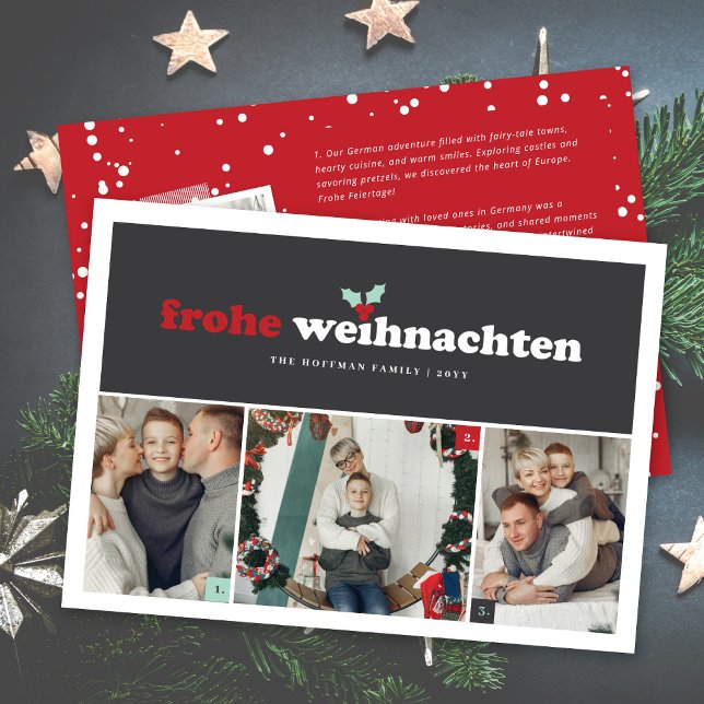 'Frohe Weihnachten' German Merry Christmas 3 Photo Holiday Card (Creator Uploaded)