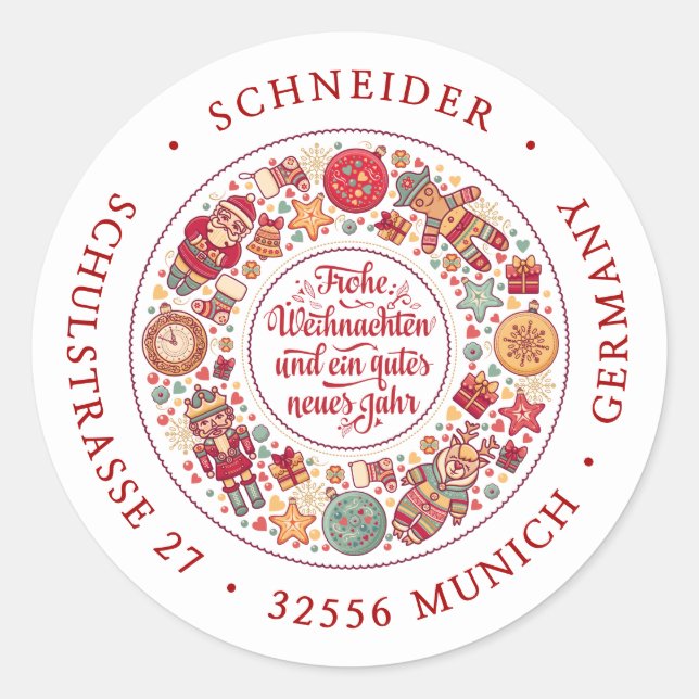 Frohe Weihnachten German Return Address Classic Round Sticker (Front)