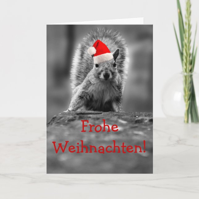 Frohe Weihnachten Santa Squirrel Holiday Card (Front)